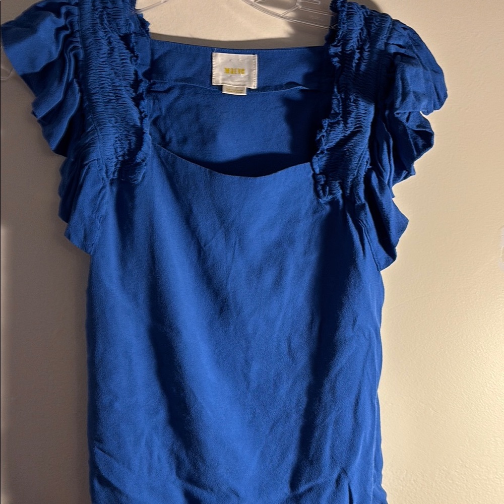 Maeve Blue Ruffled Smocked Sleeveless Blouse